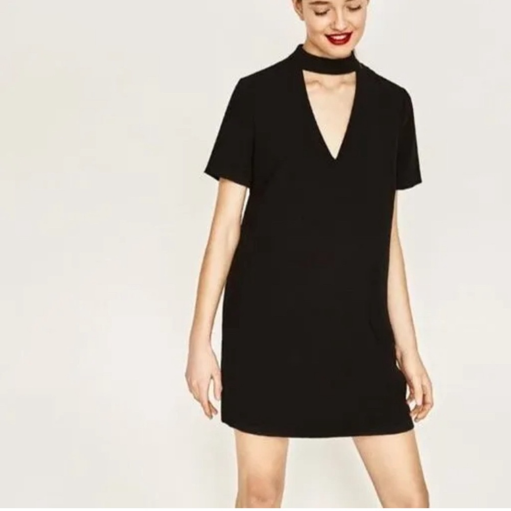 Zara Woman Black V Neck Choker Shift Dress Xs